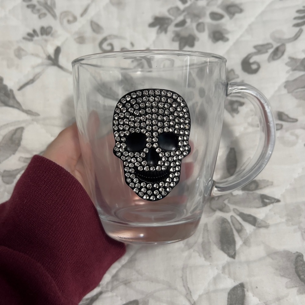 Rhinestone Glam Skull Halloween Glass Coffee Mug